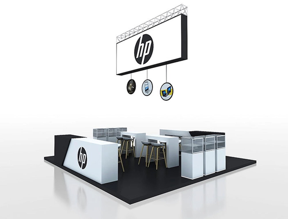 Trade show booth with counters and product showcase